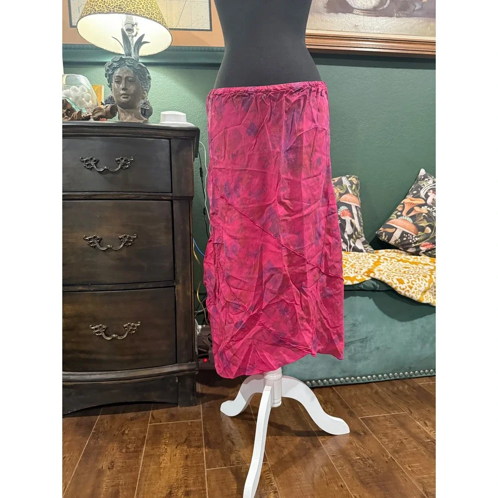 Click by Color Me Cotton Pink Purple Abstract Handkerchief Hem Midi Skirt Vintag